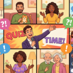 A "Brady Bunch" style grid view of a virtual quiz on a video call, showing diverse people laughing and a host speaking into a microphone.